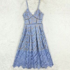 Love... ady Womens Dress Midi Blue Floral Cutout V Neck Spaghetti Strap Daisy XS